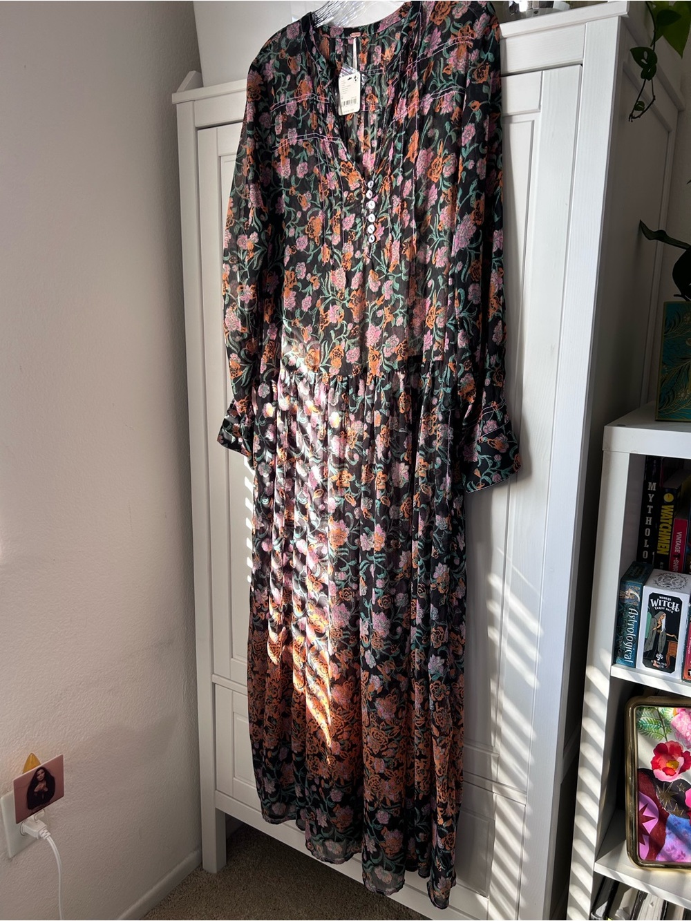 Free People FloralLong Sleeve Maxi Dress - Black with Pink & Orange Floral Print